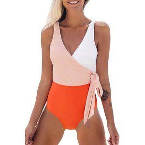 NEW! Women's MEDIUM One Piece Swimsuit Wrap Tie Side Color Block Bathing Suit